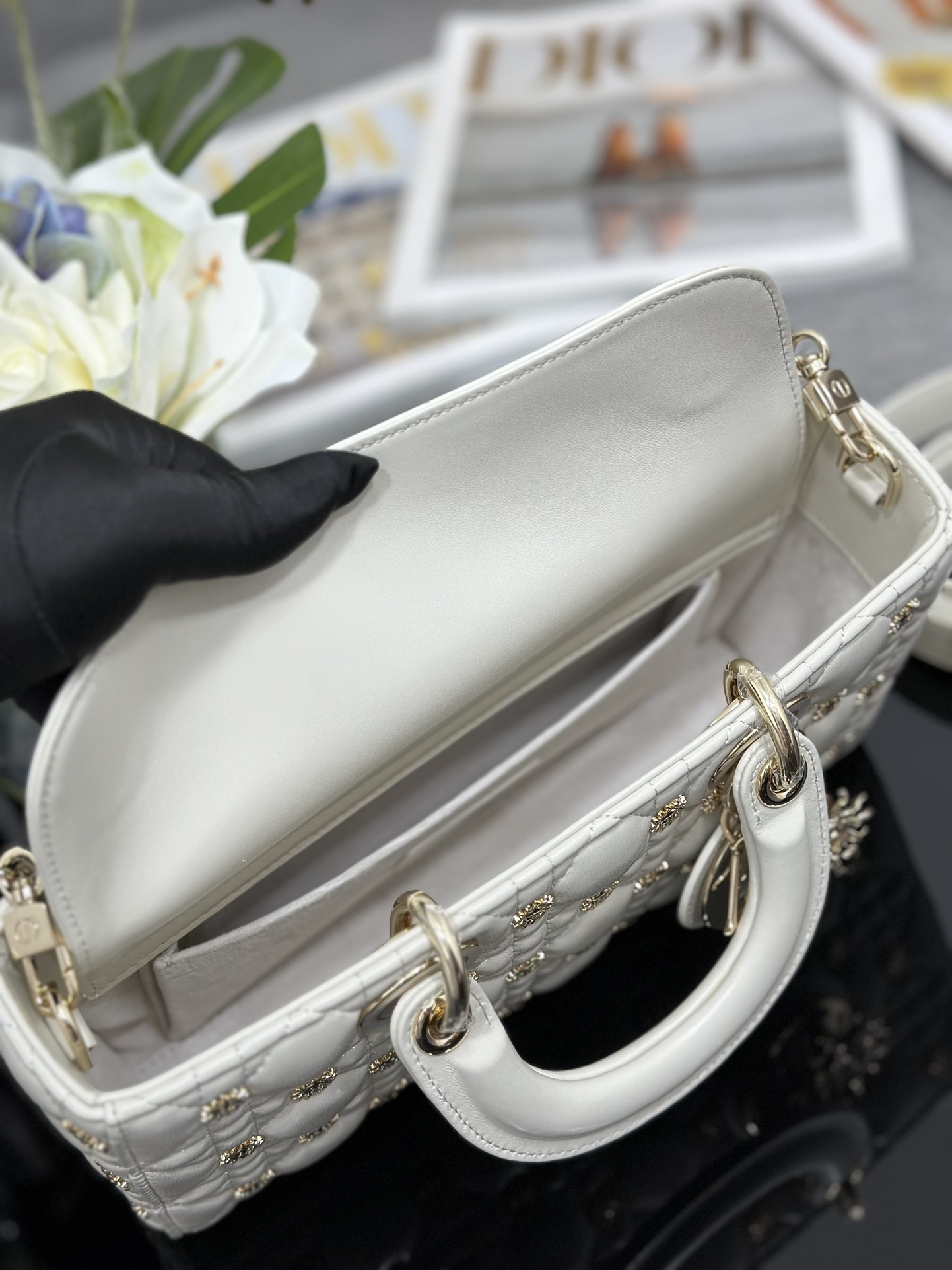 Medium Lady D-Joy Bag White Lambskin with Sun Nail